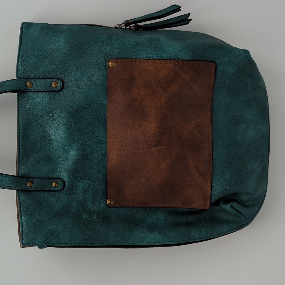 Liz Soto Boho Leather Shoulder Handbag Reversible Brown Teal Zipper Luxe western